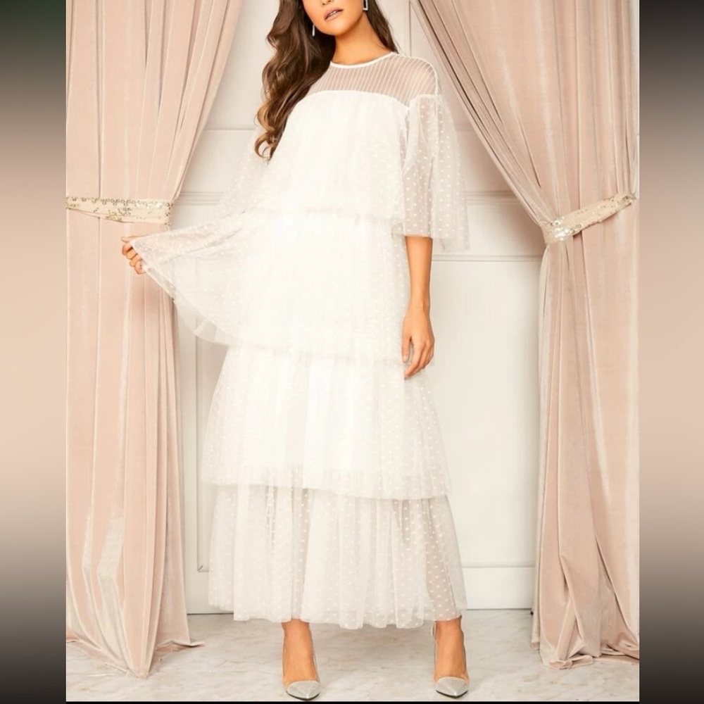 Elegant White Tulle Tiered Dress
